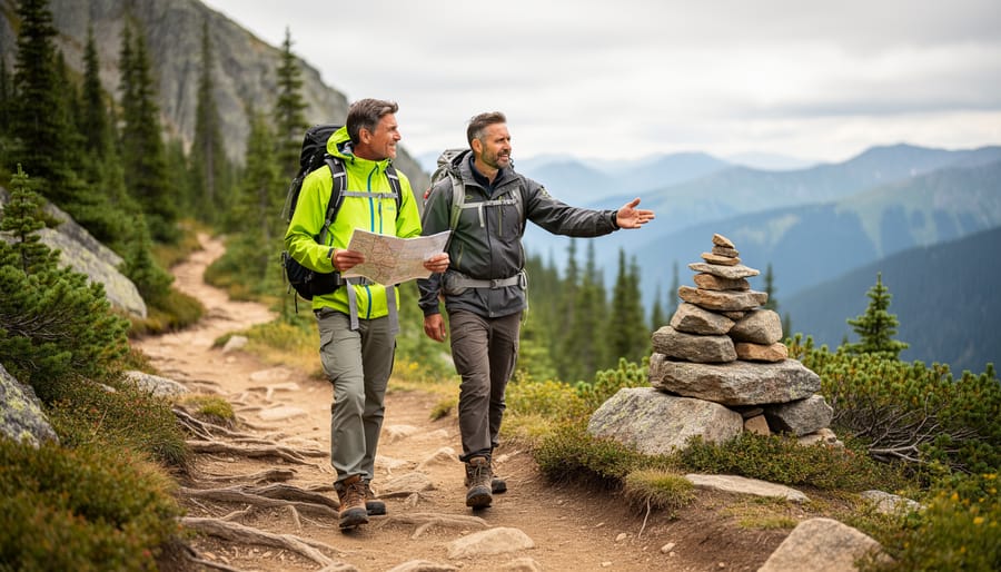 Two hikers on a rugged wilderness trail in a mountainous protected park, with rocky terrain and distant ridgelines in the background.