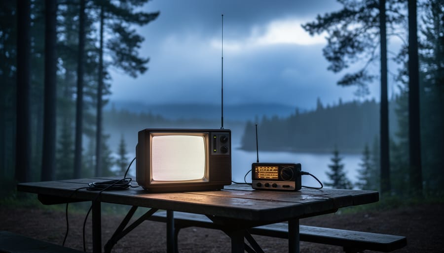 Portable TV glowing on a campsite table in a misty Northern Ontario forest with an antenna and distant storm clouds.