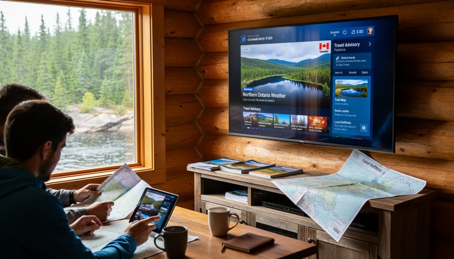 Person watching a glowing TV inside a Northern Ontario lodge with a remote on a wooden table.
