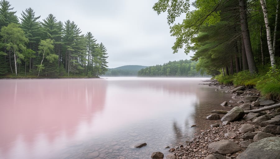 “Pink Lake shoreline in Gatineau Park, Quebec, with pale pink-tinted water and surrounding forest under overcast light.”