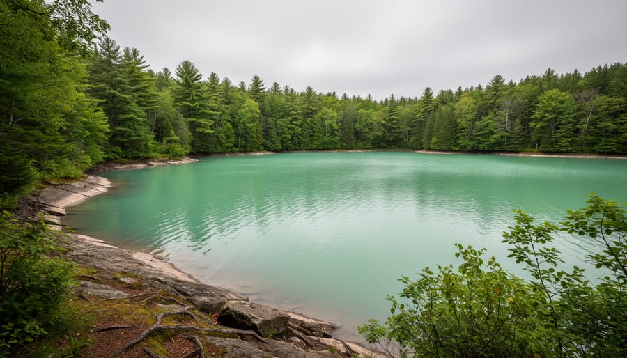 A wide view of Pink Lake in Gatineau Park, Quebec, showing pale water and surrounding forest.
