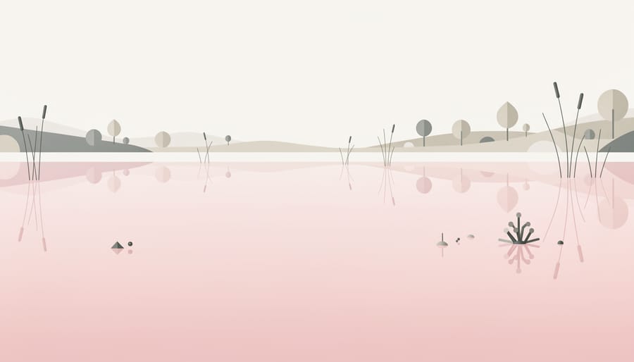 Close-up of a glassy water surface near Pink Lake with subtle color reflections and surrounding forest silhouettes.