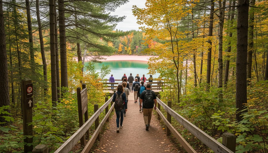 People walking along a forest trail toward Pink Lake’s lookout in Gatineau Park.