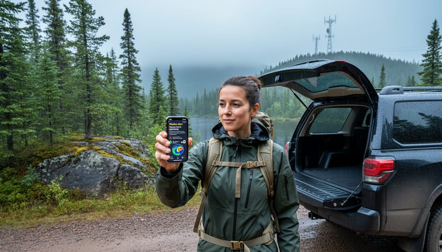 Outdoor travelers on a forest trail with a small satellite or antenna equipment setup near a lodge porch.