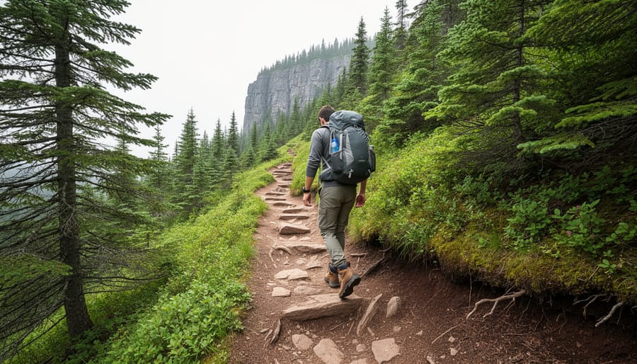 Hiker walking uphill on a Northern Ontario trail with zig-zag switchbacks through a boreal forest.