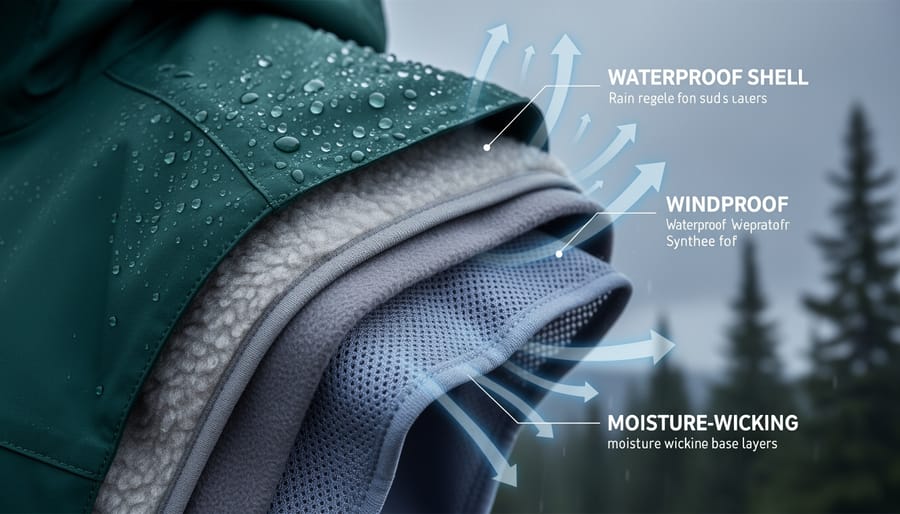 Close-up of a woman adjusting a waterproof jacket zipper over a moisture-wicking hiking layer on a rocky forest trail
