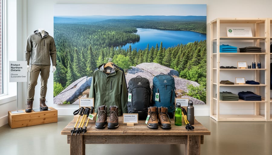 Eco-friendly hiking outfit pieces laid out on a blanket near a lake with pine trees in the background
