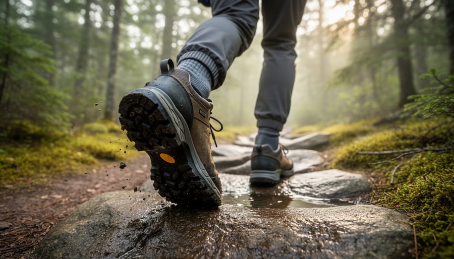Woman hiker carefully stepping across wet rocky terrain in waterproof boots on a Northern Ontario forest trail