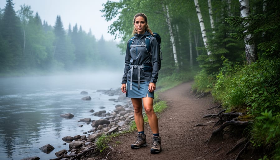 Woman wearing a technical hiking dress and rain shell on a misty riverside trail in Northern Ontario