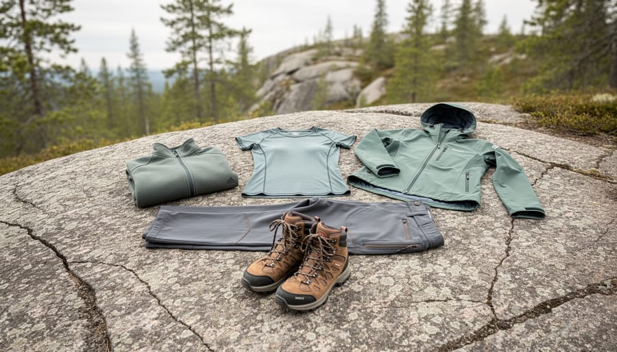 Women’s hiking outfit with moisture-wicking top, fleece mid layer, waterproof outer layer, hiking pants, and supportive boots on Canadian Shield granite near a boreal forest trail.