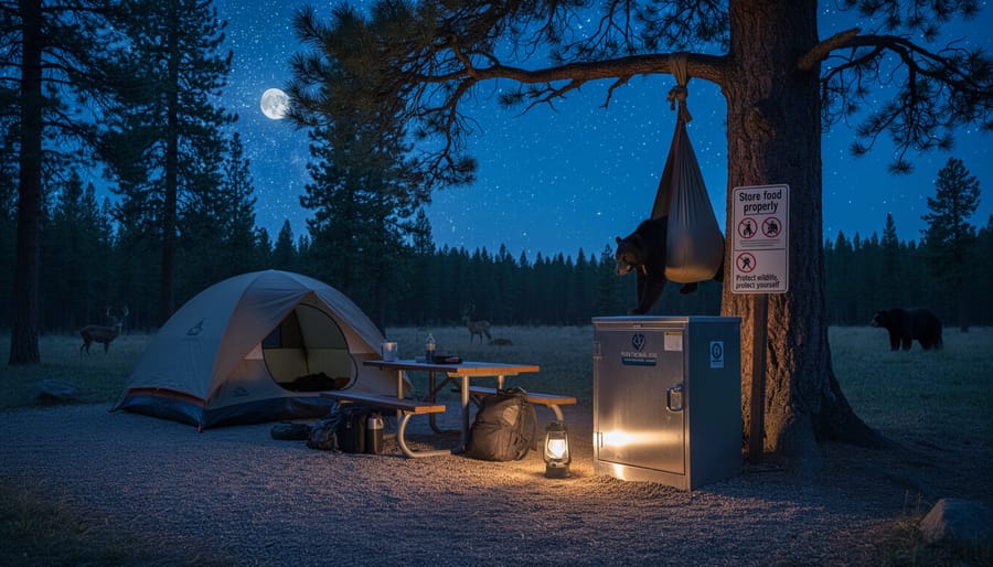 Bear canister and bear safety items at a night campsite illuminated by a headlamp glow, with dark forest in the background.