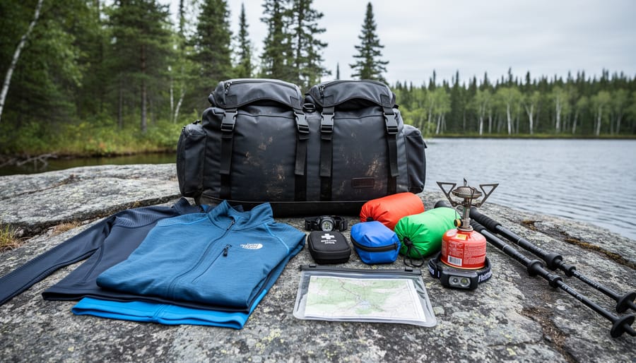 Layered waterproof hiking clothing and essential wilderness gear packed in a duffel and daypack beside a rocky lakeshore in Northern Ontario’s boreal forest.