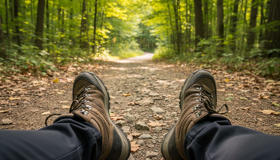 Hiker’s boots on a forest trail at Mont St Bruno under soft overcast daylight