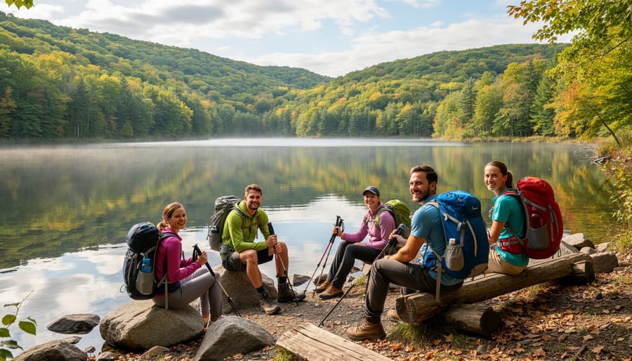 Hikers pausing near a lake view through trees on Mont St Bruno