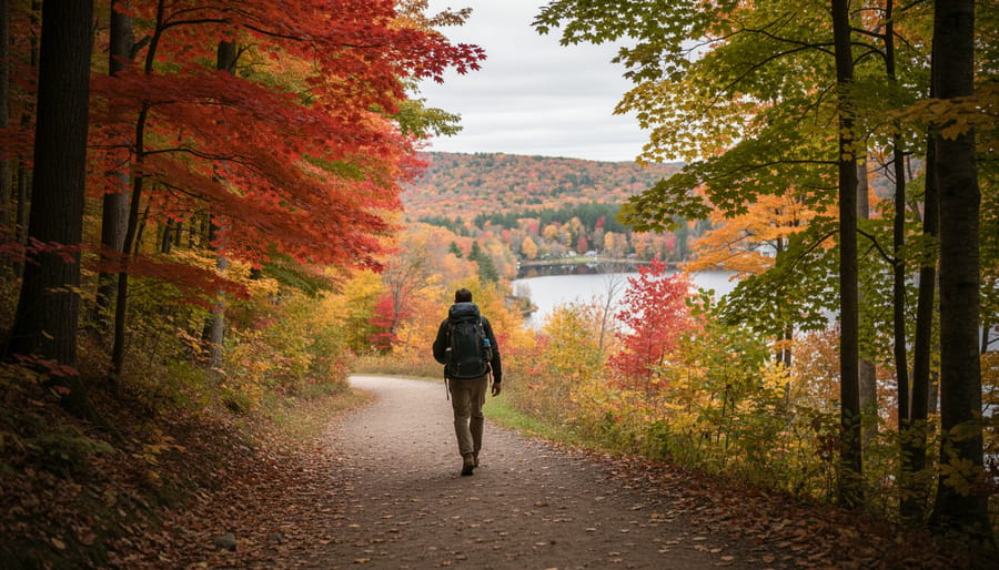 Hiker standing on a forest trail at Mont Saint-Bruno in autumn, with a glacial lake visible through tree branches.