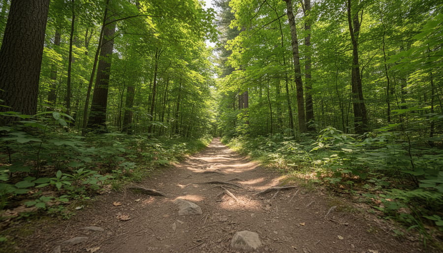 Winding forest trail at Mont St Bruno fading into the distance under an overcast sky