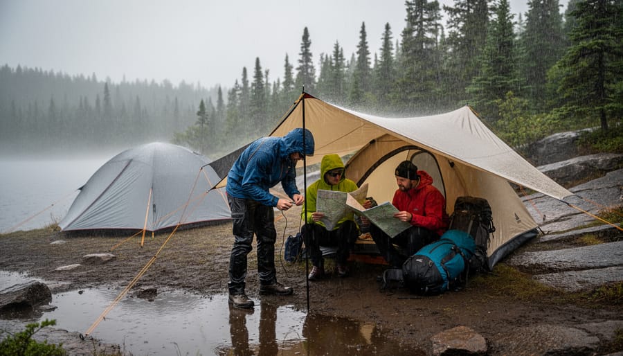 A person in a waterproof rain jacket standing in misty rain on rocky ground with a pack nearby in front of a stormy forest backdrop.
