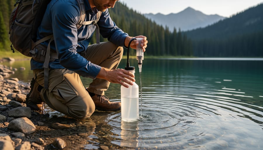 Hands using a portable water filter to treat cloudy lake water into a clean bottle near the shoreline.