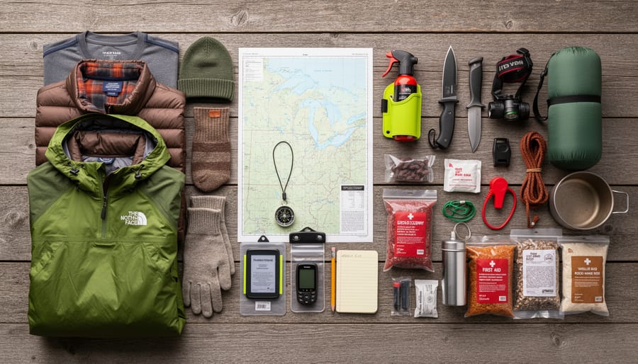 Wilderness backpack gear laid out outdoors near a river, including a bear canister, layered clothing, a headlamp, and a satellite communicator.